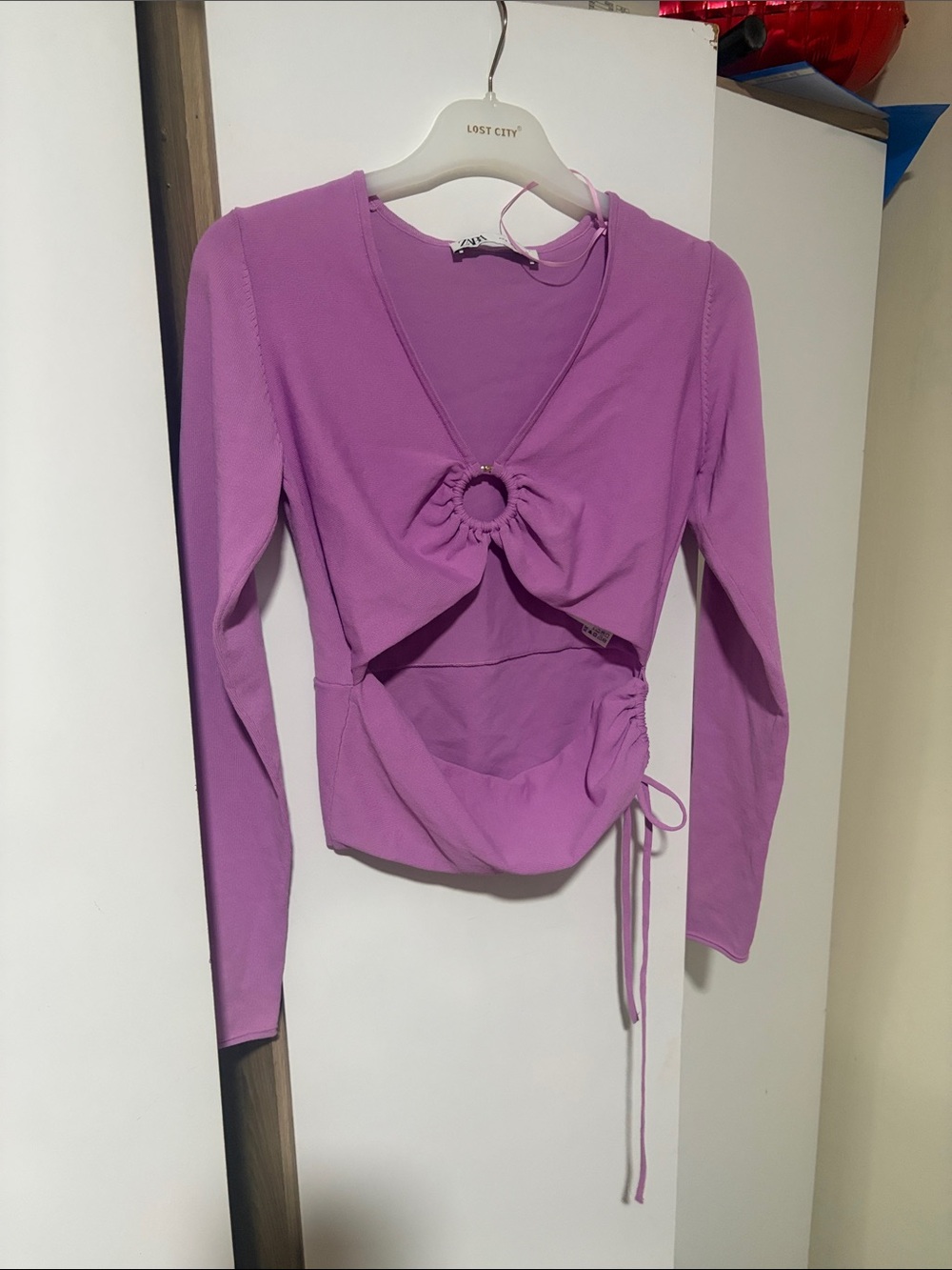 Zara Lavender Ring-Front Long-Sleeve Crop Top